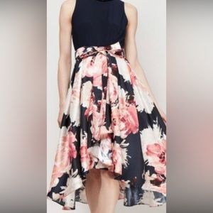 SLNY Hi Low dress. Navy blue and multi colored.